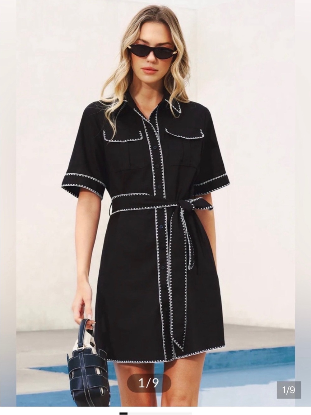 Commense Black Mini Shirt Dress with White Trim